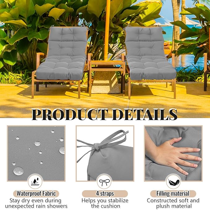 Kigley 2 Pcs Chaise Lounge Cushions 75 x 22 x 5 Inches Soft Lounge Chair Cushion Spring/Summer Seasonal Replacement for Outdoor Indoor Home Office (Light Gray)