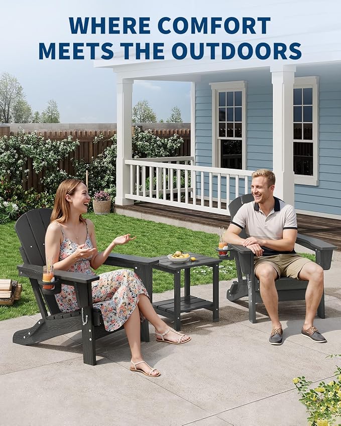 Folding Adirondack Chair, All-Weather HDPE Outdoor Chair, Wooden Textured with Cup Holder for patios, Decks, Gardens, fire pits, Grey