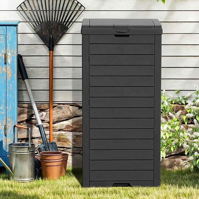 DWVO 38 Gallon Outdoor Trash Can with Lid & Drip Tray, Waterproof Hideaway Garbage Bin, Waste Container for Patio, Backyard, Deck, Garden, Easy Assembly & Clean (Black)