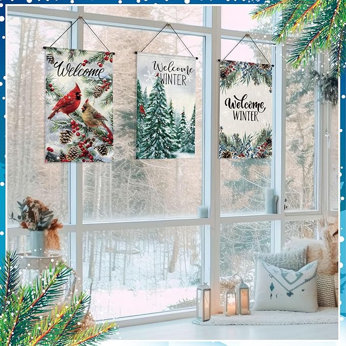Tegeme 3 Pcs Winter Hanging Banner Cardinal Flag Decoration 12 x 20 Inch Winter Welcome Door Hanger Decoration Pine Tree Garden Flag Holiday Ornaments