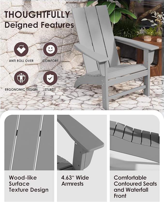 Poly Lumber Adirondack Chair with Cup Holder, All-Weather Resistant Outdoor Patio Chairs, Look Like Wood, Pre-Assembled Outdoor Fire Pit Chair for Pool, Deck, Backyard, Garden, Slate Grey