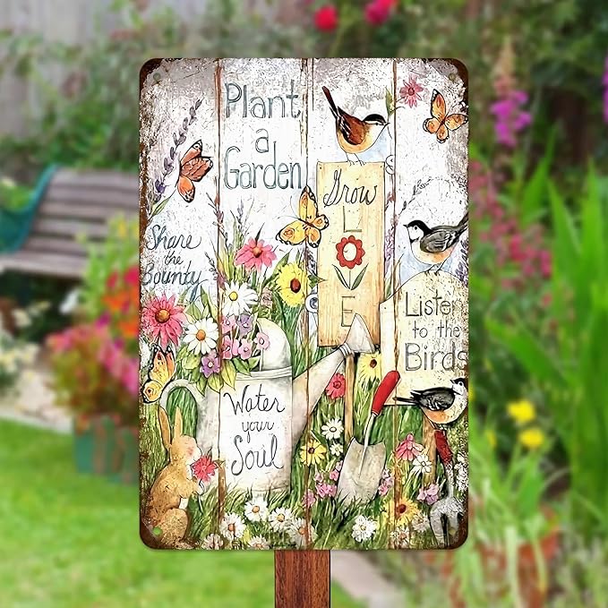 Plant a Garden Rustic Metal Tin Sign 8x12 Inch, Vintage Farm Garden Wall Decor with Birds, Flowers & Butterflies, “Water Your Soul, Listen to the Birds” Outdoor Yard Fence Plaque for Patio, Garage