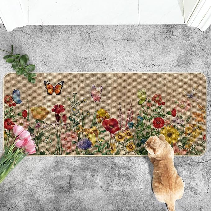Artoid Mode Wood Flowers Butterfly Spring Runner Rug, Home Summer Decor Low-Profile Door Mat Floor Mat for Indoor Outdoor 24x59 Inch