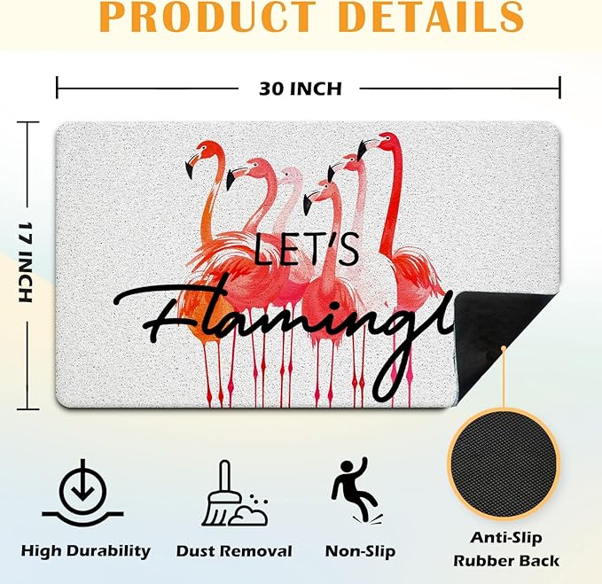 JINYO Flamingo Door Mat, Let's Flamingle Door Mats for Front Door Porch Patio Outdoor Indoor Entrance Entryway, Tropical Pink Flamingo Bath Mat for Bathroom, 17x30 Inch