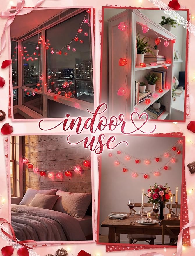 Valentine's Day Decor 8.5Ft Heart Fairy String Lights with 10 Red Pink 3D Lights, Plug in Valentine's Day Love Heart String Lights for Indoor Outdoor Patio Wedding Anniversary Party Decorations