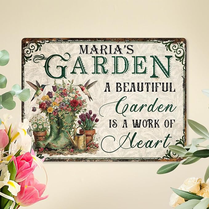 Custom Garden Signs Personalized Metal Tin Sign for Women, Retro Welcome Metal Sign for Outdoor, Patio, Yard Rustic Home Decor Gift for Mothers Day, Grandmas, and Gardening Lovers
