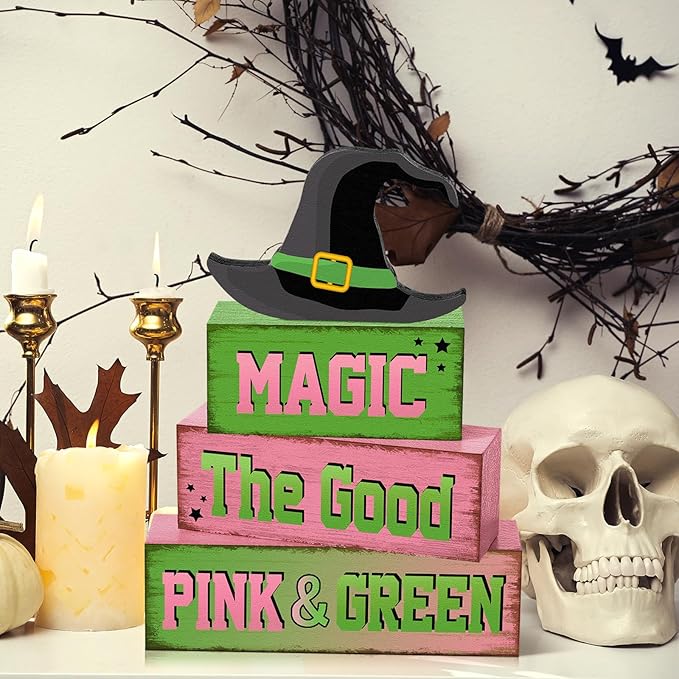 4 Pcs Pink Green Party Decorations Witch and Princess Table Decor Witchy Hat Wooden Signs Farmhouse Pink Green Witch and Princess Table Centerpiece for Home Office Desk Shelf Party Decorations