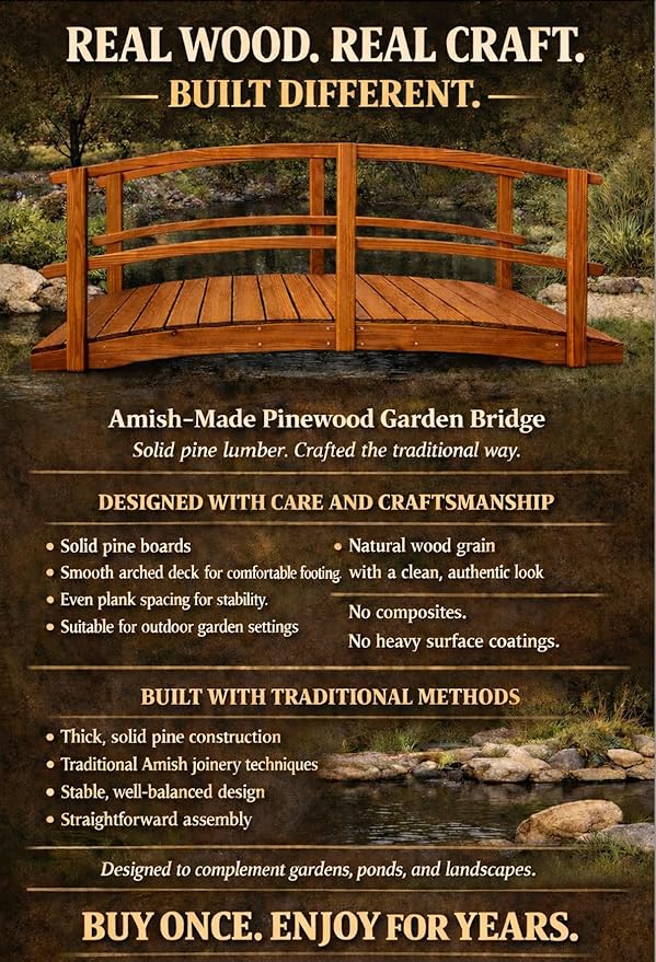 10 FT Oak Amish Made Garden Bridge with Double Rails for Walkway, Backyard Pond & Landscaping, Outdoor Wooden Footbridge for Koi Pond, Japanese Style Decorative Bridge, Made in USA