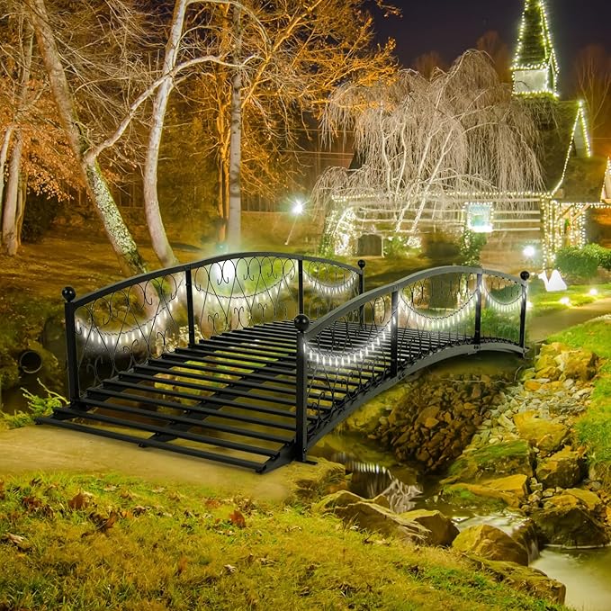 8 FT Metal Garden Bridge - Arc Footbridge with Siderails Extra Long Metal Bridges for Outdoor, Patio, Creek, Stream, Pond, Black
