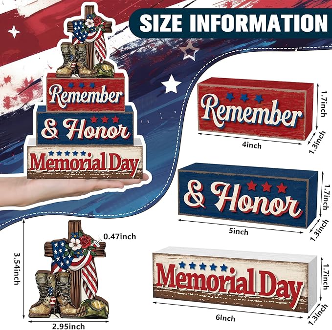 4 Pcs Memorial Day Table Decor Patriotic Remember Honor Our Heroes Wooden Sign Fourth of July Tiered Tray Decor Red White Blue Table Centerpiece for Home Office Desk Shelf Mantel Decorations