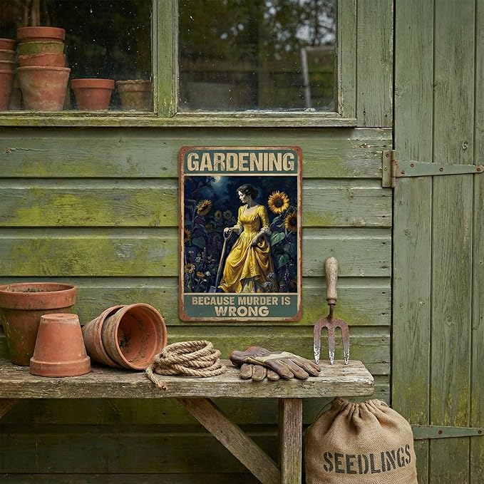 Funny Gardening Tin Sign - "Gardening Because Murder Is Wrong" Vintage Aluminum Wall Art - 8x12 Inch Garden Decor - Metal Sign Humorous Gift for Shed, Women, Mom, Gardeners, Housewarming