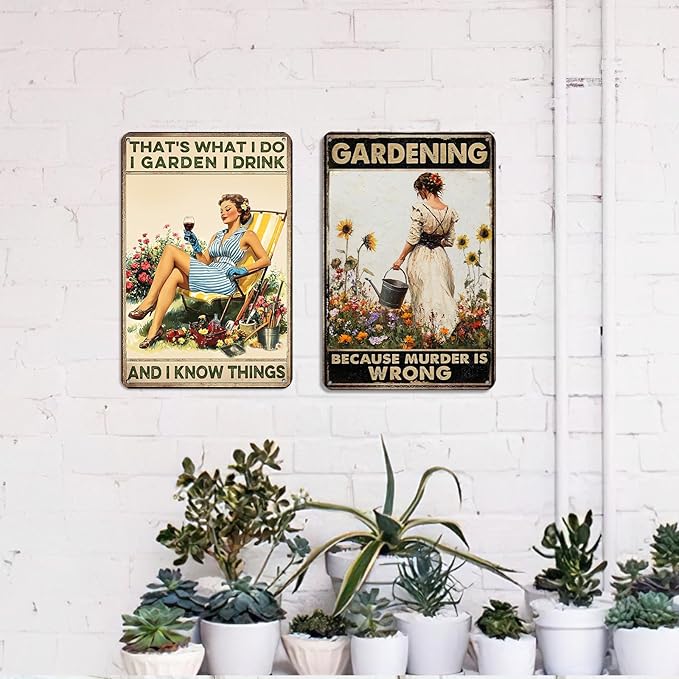 Funny Gardening Metal Sign 8x12 Inch - 'Gardening Because Murder is Wrong' - Rustic Farmhouse Decor for Garden, Home, Kitchen & Coffee Bar