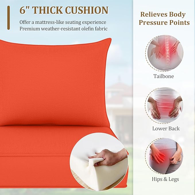 Outdoor Deep Seat Cushion Set, Fade Resistant Patio Chair Cushions, 24x24x6 Inch Patio Sofa Furniture Pad with Removable Cushion Covers (Orange, 24''Lx24''Wx6''H-2pcs Set)
