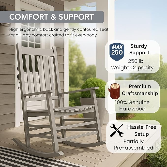 Shine Company Vermont Porch Rocker, High Back Wood Rocking Chair, Storm Gray