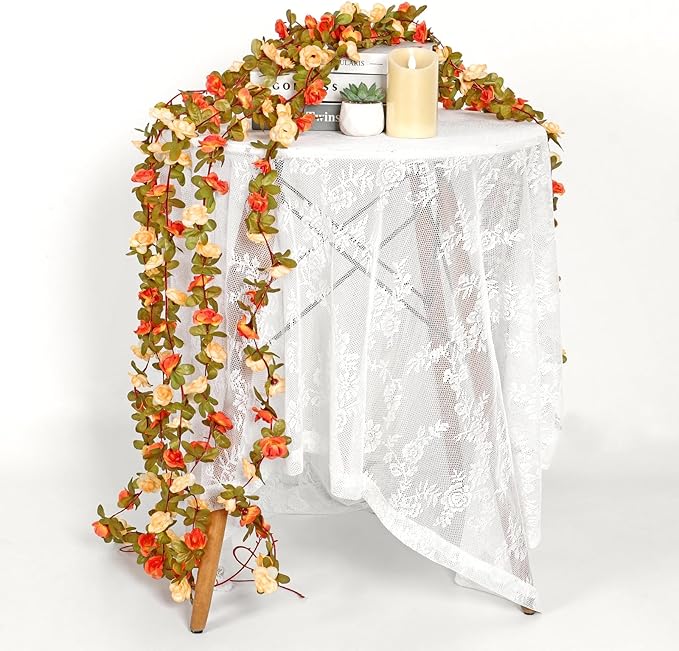 KHOYIME 5 Pack 40 FT Artificial Flower Garland, Fake Orange Roses Vines Silk Flowers Faux Plastic Outdoor Hanging Floral Garland Fall Autumn Decoration for Indoor Table Home Wall Backdrop Room Decor