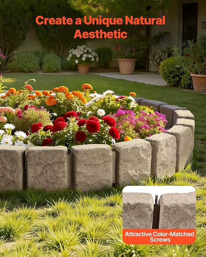 VEVOR Faux Stone Landscape Edging, No Dig Garden Edging Border, Flexible Blocks for Lawn Edging, Flower Beds, Driveway, Yards with 12 Spikes, 4 Pack 24 Bricks 16FT Kit, 47.2" Lx 4" W x 9" H, Beige