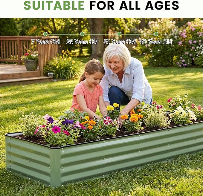 INNO STAGE Galvanized Raised Garden Bed Kits, 8x2x1ft Metal Raised Garden Beds Outdoor, Large Steel Raised Planter Bed with Gloves for Vegetables & Flowers Patio Ground Planter Box (Olive Green, 1PC)