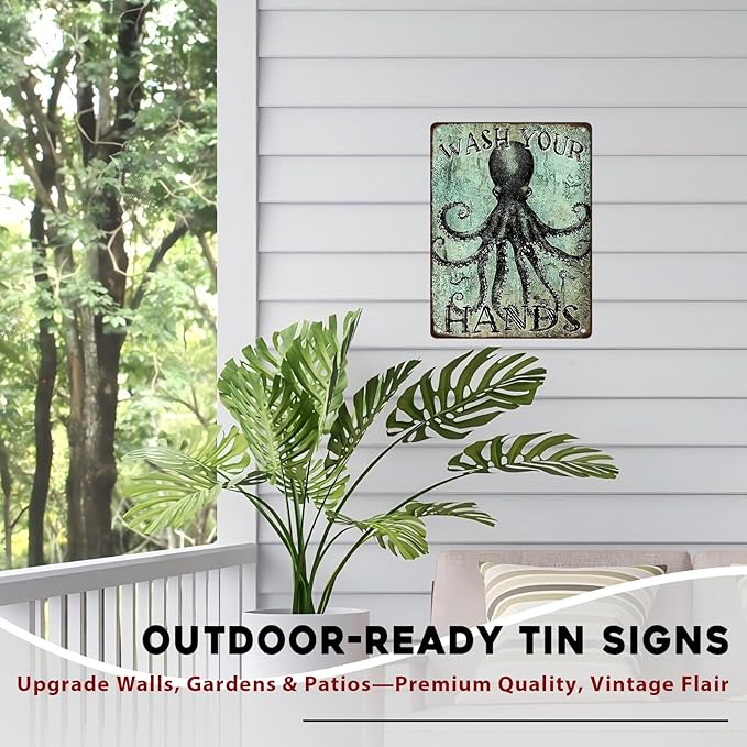 Funny Octopus Metal Tin Sign Wash Your Hands Vintage Tin Signs Bathroom Signs Restroom Decor Guest Wall Decor 12x16inch