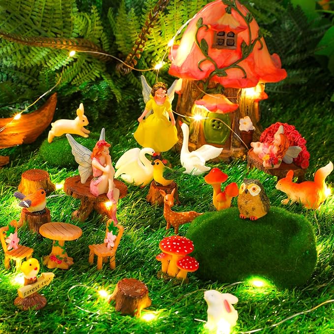Soaoo 25 Pcs Fairy House Garden Figurines Kit Spring Garden Decor Easter Basket Decoration Spring Decoration Outdoor Wildflower Butterfly Fairy Mushroom Party Supplies Micro Landscape Ornaments