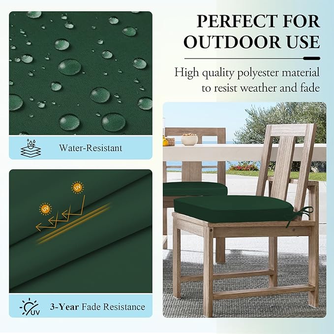 Wellsin Outdoor Chair Cushions for Patio Furniture, 3-Year Color Fastness Patio Chair Cushions Set of 2, Water Resistant Round Corner Outdoor Seat Cushions 17"X16"X2", Forest Green