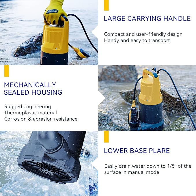 Acquaer Sump Pump Submersible Water Pump for Water Removal in Hot Tubs, Pools, Basements, and Garden Ponds, 1/2HP 2906GPH Float Switch