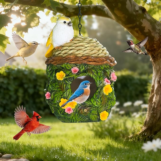 Bird Houses for Outside Bird Nesting Design Resin Birdhouse, Garden Outdoor Decor Bird House with Flower and Leaf Details, Birdhouses for Outdoors for Bluebird Finches Cardinals