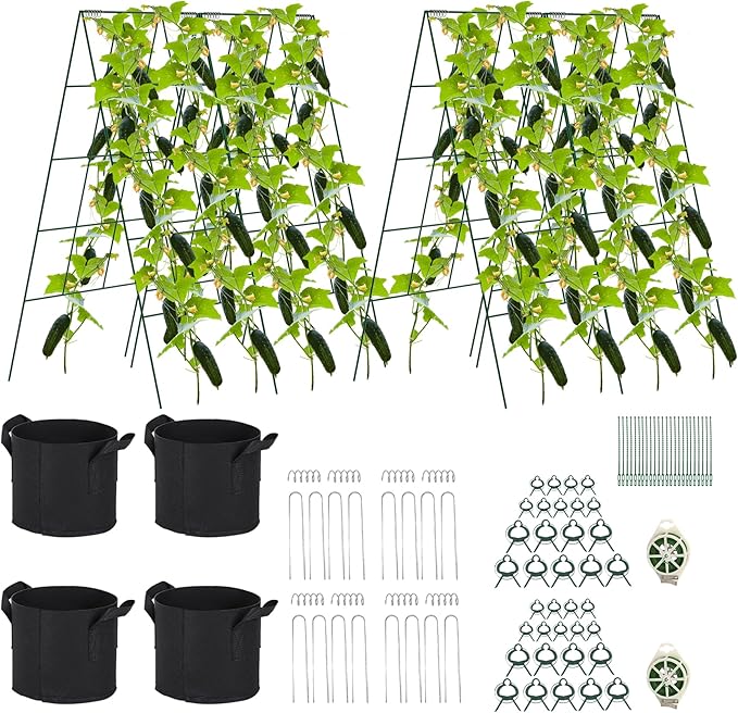 4 Pack Foldable Cucumber Trellis, 46" L X 18" W A-Frame Garden Trellis, Steel Climbing Plants Support Raised Bed Trellis with Twist Ties & Plant Bags for Climbing Plants Outdoor