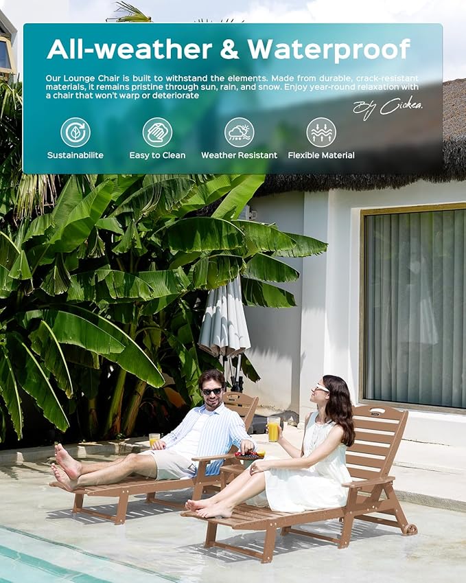 Ciokea Outdoor Lounge Chair Set of 4, All Weather Patio Chaise Lounge Chairs for Outside, HDPE Chair with Rolling Wheels & Cup Holder, 5 Position, Deck, Pool, Brown