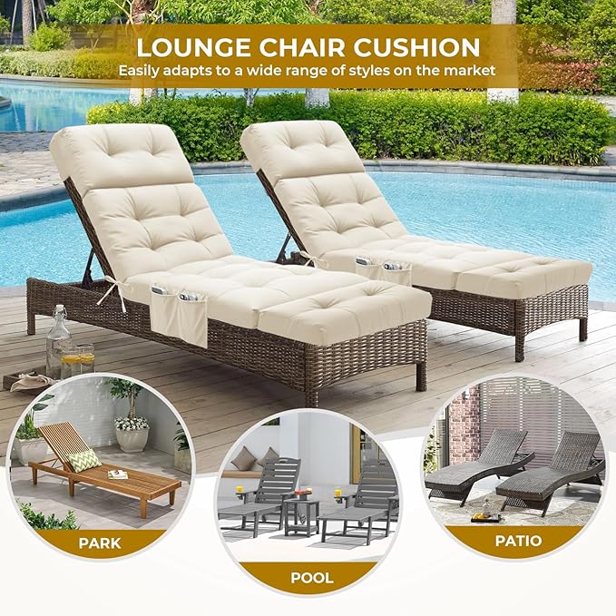 Outdoor Chaise Lounge Chair Cushion Waterproof 74.4 x 22 x 4.7 Inches Lounge Chair Cushions Replacement for Outdoor Furniture with Ties and Pocket, Thickened Pool Lounge Chair Cushions, Cream