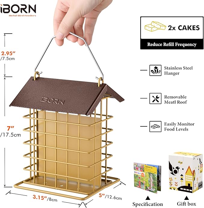 iBorn Suet Feeder for Outside Hanging,Suet Bird Feeders for Outdoors,Suet Holder with Squirrel Proof Hanger Hook,Suet Cage Bird Feeders,Woodpecker Feeder,Weatherproof Metal Roof,1 Pack,Muted Yellow