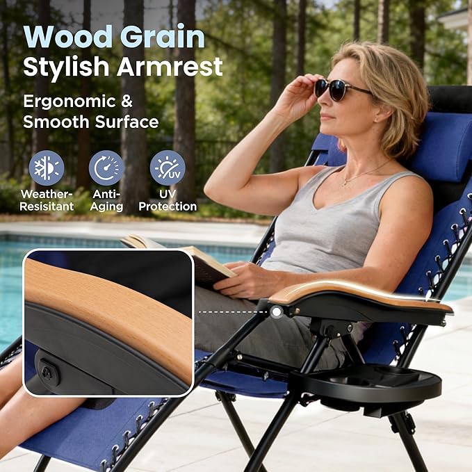 PHI VILLA XXL Oversized Padded Zero Gravity Chair Set of 2, Foldable Patio Recliner, 30" Wide Seat Anti Gravity Lounger with Armrest and Cup Holder, Support 400 LBS (Navy Blue)