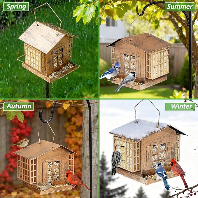 Bird Feeders for Outdoors, Metal Bird Feeder with Double Suet Cage Weatherproof Metal Roof, Suet Feeders for Outside Hanging, 5LB Large Seed Capacity