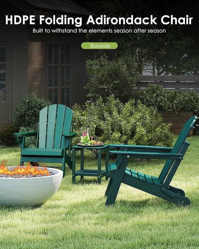 GREENVINES Folding-Adirondack-Chair | HDPE Plastic | Fire Pit Chairs | All Weather | Cup Holder | Forest | for Deck Backyard Patio Outdoor Garden