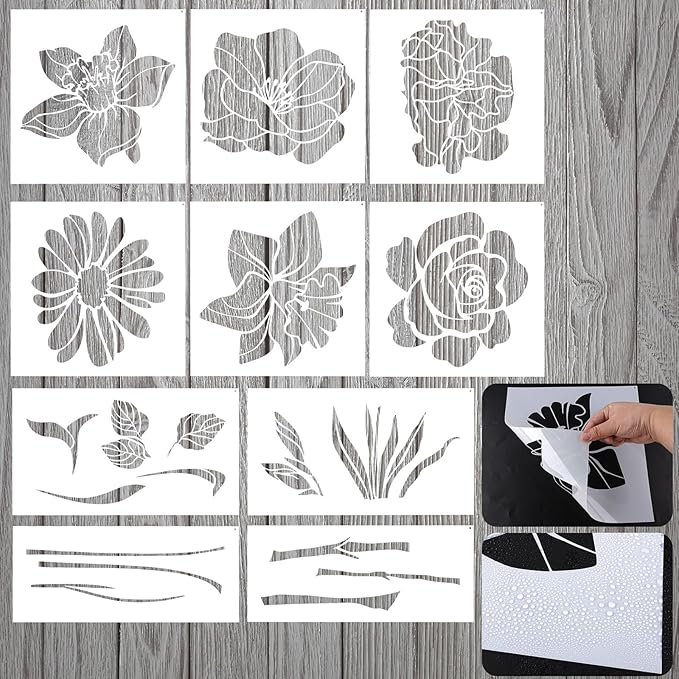 10pcs Flower Stencils for Painting, Large Floral Stencils for Painting on Walls Reusable Flower Templates Stem Leaf Stencils for Painting on Wood Walls Garden Fences Furniture Crafts