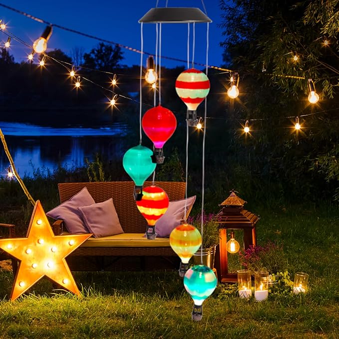 Solar Wind Chimes for Outside, Color Changing Hot Air Balloon Wind Chimes Solar Lights for Outside Garden Outdoor Patio Décor, Mother‘s Day Gifts for Mom Birthday Gifts for Women Grandma Wife Sister