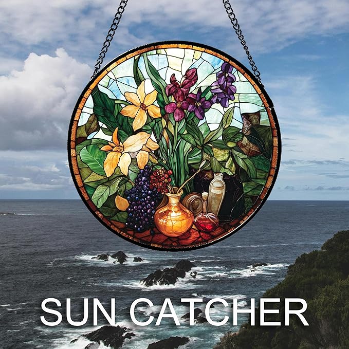 Stained Glass Window Hanging Berry Plant Purple Yellow Flowers in Vase 6.3" - Suncatcher Door Garden Sun Catcher Home Decor Birthday Christmas for Mom Men Woman Nana