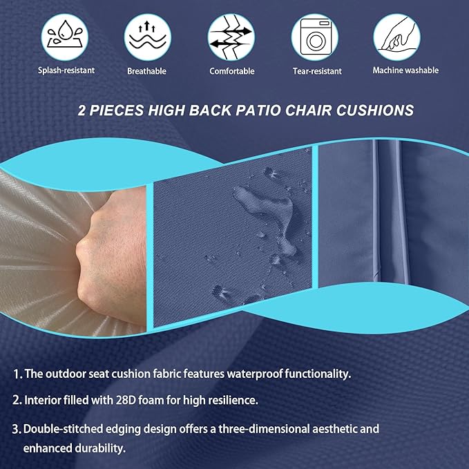 2 Pieces High Back Patio Chair Cushions, Fade Resistant Outdoor Rocking Chair Cushions, Office Chair Back Support Cushion (Navy Blue, Seat (21''x21''x3'')+Backrest (21''x28''x3''))