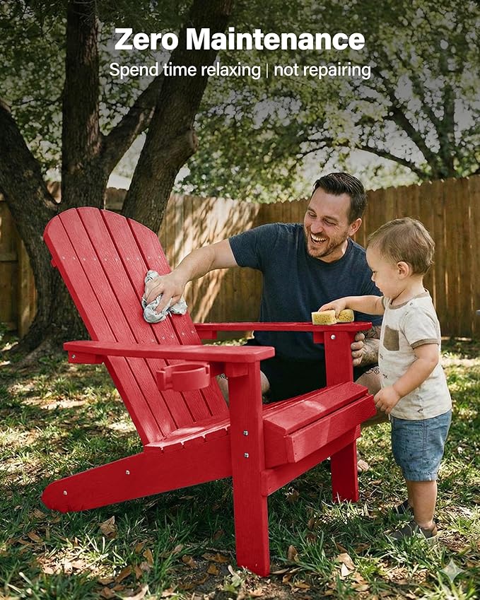 YEFU Adirondack Chairs Set of 4: Outdoor Chair HIPS Plastic Adirondack Chairs - Patio Chairs with Wood Texture - Lawn Fire Pit Deck Porch Garden Chairs for Adults (Red)