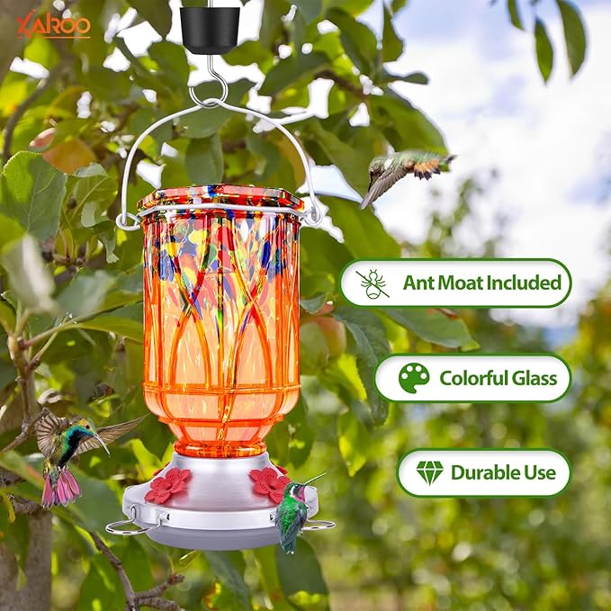 Hummingbird Feeders for Outdoors with Ant Moat, Hand Blown Glass Hummingbird Feeder, 4 Feeding Ports with Perch, Outdoor Garden Décor, 15 OZ, Orange