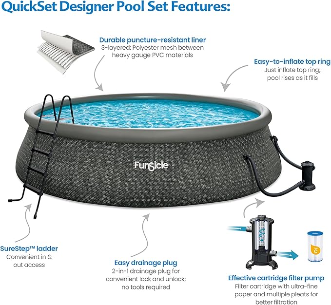 Funsicle Quickset 18ft x 48in Round Inflatable Above Ground Swimming Pool with Filter Pump – Easy Setup with Top Ring Design