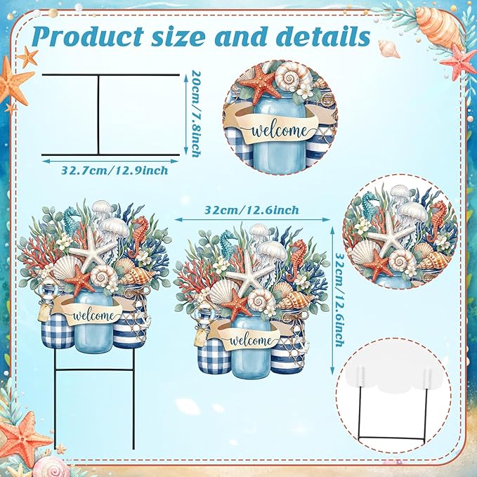 Amyhill Summer Outdoor Decor Coastal Garden Stake 25 Inch Metal Ocean Welcome Yard Sign with Seashell Starfish, Outdoor Nautical Decor for Patio Lawn Walkway Beach Themed Decorations