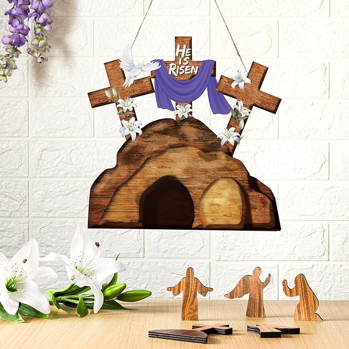 Juexica Easter Cross Door Sign Wall Hanging Decor He is Risen Decorations Religious Wood Hanger for Front Door Porch Home Indoor Outdoor Spring Wall Pediments