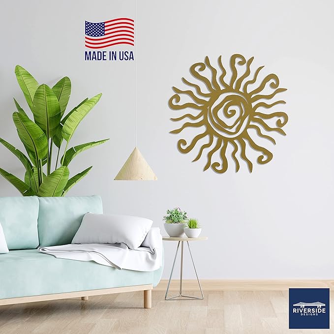 Riverside Designs Wacky Sun Metal Wall Art Indoor/Outdoor Decor - 36" Gold Rust Proof Wall Sculpture - Made in USA - Ideal for Bedroom, Garden, Home, Patio and Farmhouse