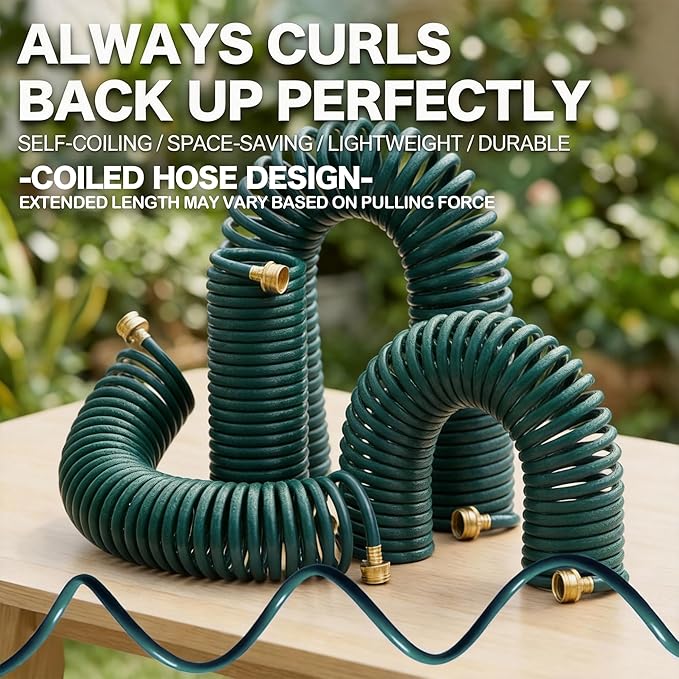 Coil Garden Hose for Outdoor Use: 25FT Self Retracting Spiral Water Hose with Solid Brass Fittings - Lightweight and Corrosion Resistant for Car Washing & Driveway Rinsing