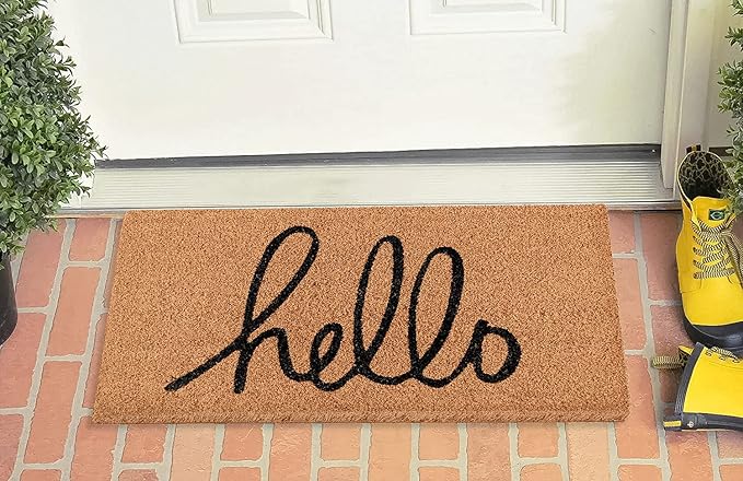 LuxUrux Hello Mat Outdoor Coco Coir Doormat, with Heavy-Duty PVC Backing - Natural - Perfect Color/Sizing for Outdoor/Indoor uses. (17 x 36 inch, Hello)