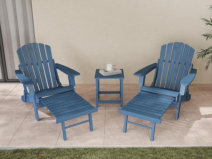 SoliWood Set of 2 Oversized Outdoor Wooden Folding Adirondack Chair with Retractable Ottoman, Wood Patio Chair with Footrest for Garden Backyard Porch Pool Deck Firepit
