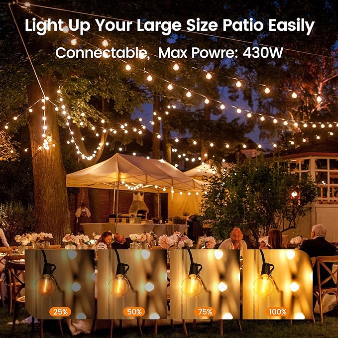OHLUX Outdoor String Lights, 30FT G40 Globe LED Patio Lights with 17 Dimmable Plastic Bulbs(2 Spare), 2200K Waterproof Connectable Hanging Lights for Backyard Porch Cafe Party Decor, E12 Socket Base