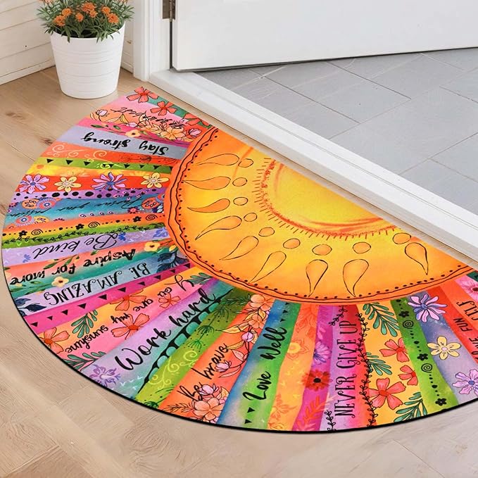 Likiyol Sun Door Mat Indoor Entrance, Inspirational Quotes Welcome Mat Half Circle Front Door Mats, Colorful Floral Non Slip Boho Doormat Outdoor Indoor Entrance, Low Profile, Absorbent, 18" x 30"