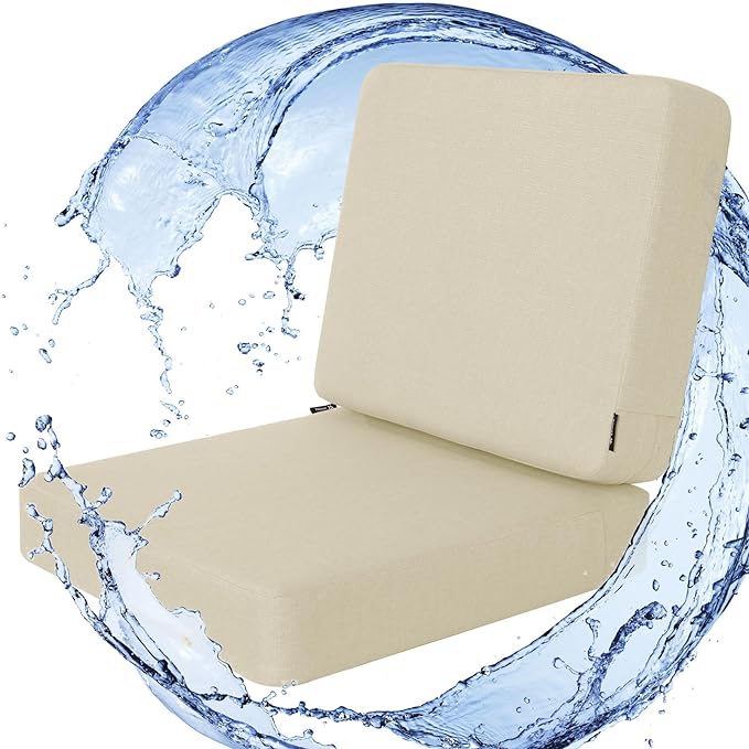 Favoyard Outdoor Deep Seat Cushion Set, Rainproof & 3-Year Fade Resistant Patio Furniture Cushions with Removable Seat Bottom & Back Cushion Covers for Chair, Sofa, Beige (Seat 24x24In Back 24x20In)