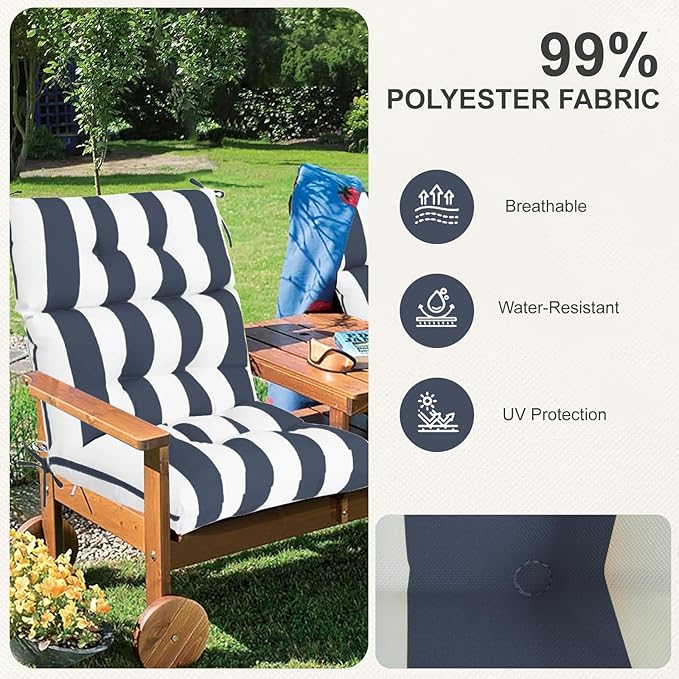 Outdoor High Back Chair Cushions 2-Pack, 44"x22"x 4" Fade-Resistant Waterproof Tufted Pads with Ties for Patio Rocking & Adirondack Chairs (Navy Blue White)